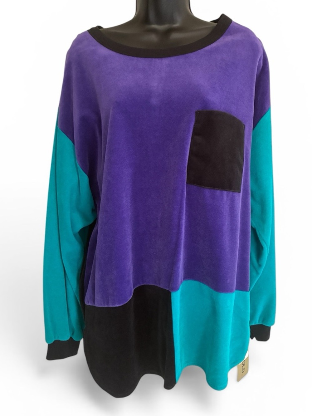 90's Vintage Deadstock Velour Type Tunic Sweatshirt with Teal Sleeves Size XL